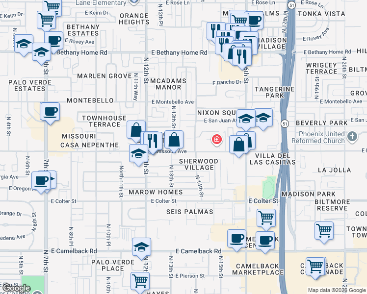 map of restaurants, bars, coffee shops, grocery stores, and more near 1336 East Marshall Avenue in Phoenix