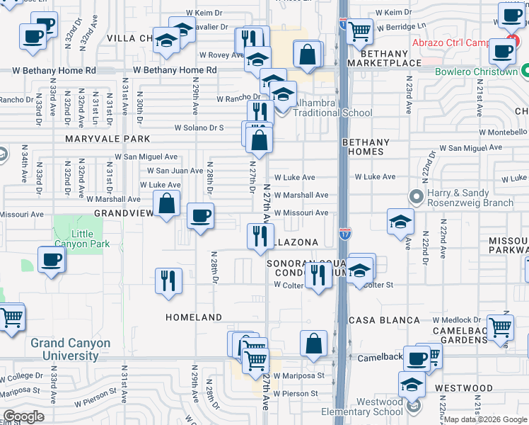map of restaurants, bars, coffee shops, grocery stores, and more near 5517 North 27th Drive in Phoenix