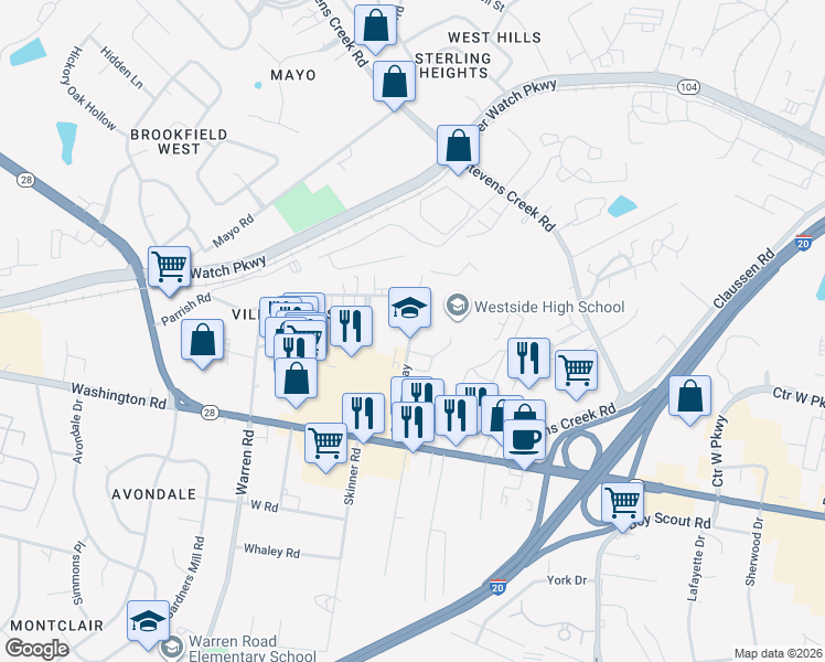 map of restaurants, bars, coffee shops, grocery stores, and more near 1005 Patriots Way in Augusta
