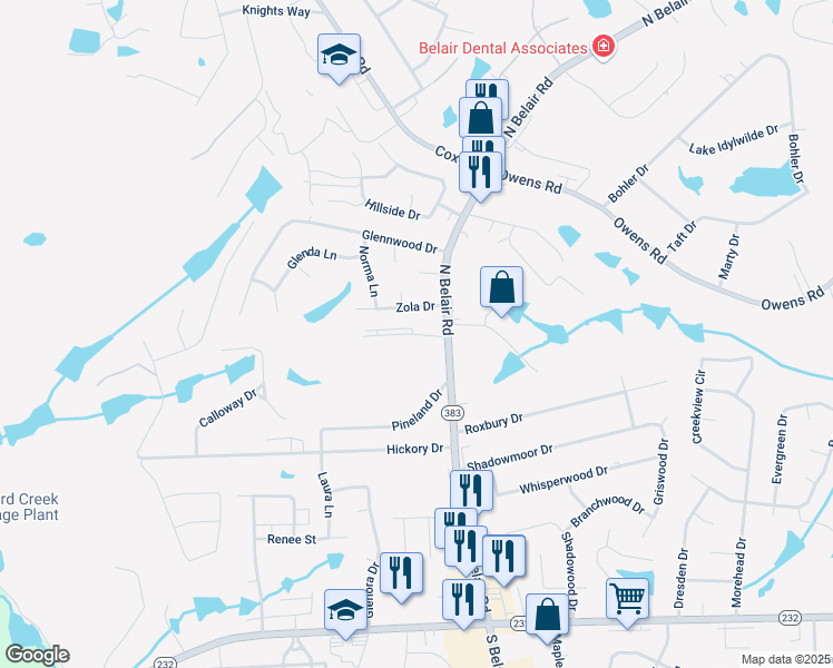 map of restaurants, bars, coffee shops, grocery stores, and more near 4508 Zola Drive in Evans