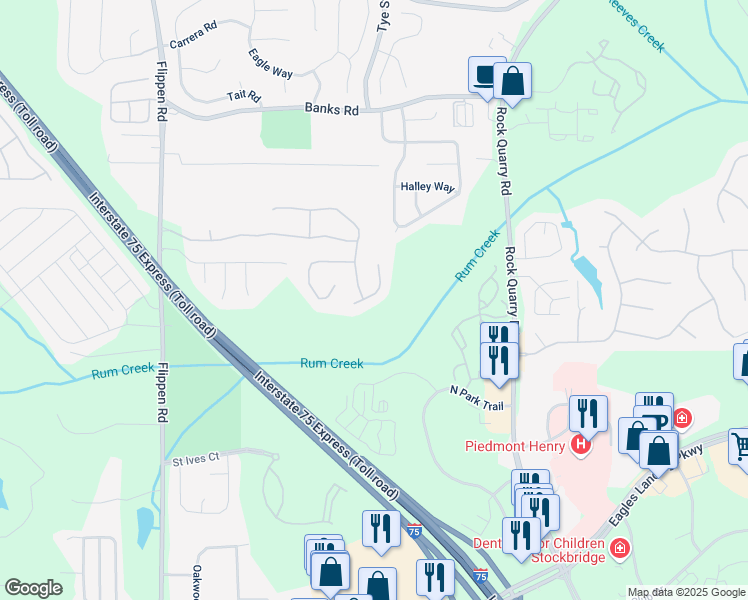 map of restaurants, bars, coffee shops, grocery stores, and more near 712 Brambling Way in Stockbridge