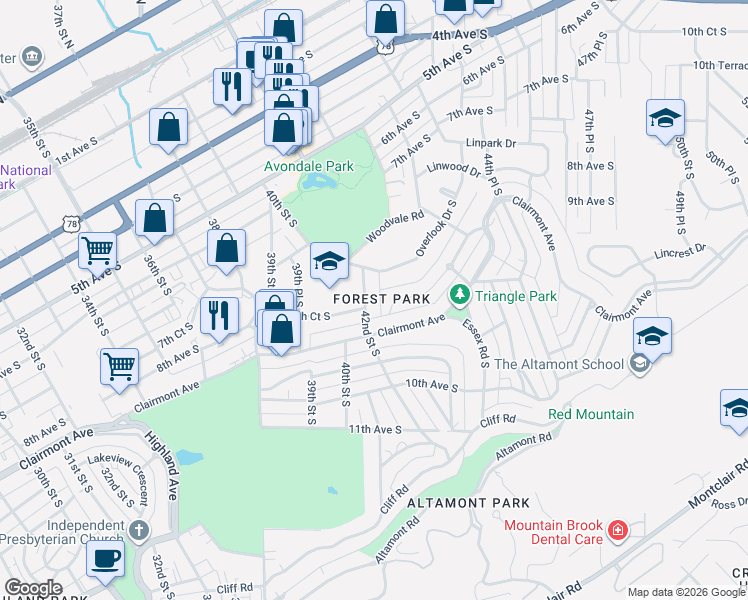 map of restaurants, bars, coffee shops, grocery stores, and more near 4217 Overlook Drive South in Birmingham