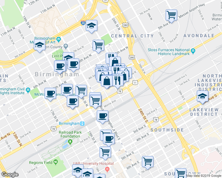 map of restaurants, bars, coffee shops, grocery stores, and more near in Birmingham