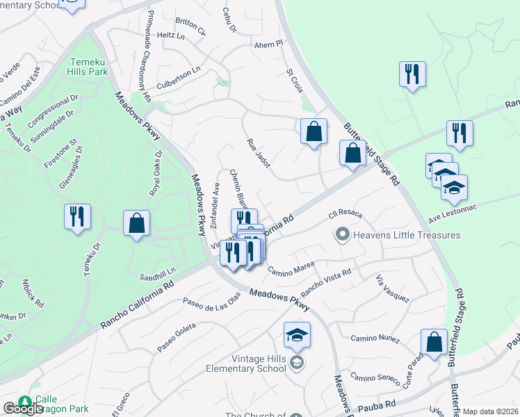 map of restaurants, bars, coffee shops, grocery stores, and more near 41701 Riesling Court in Temecula