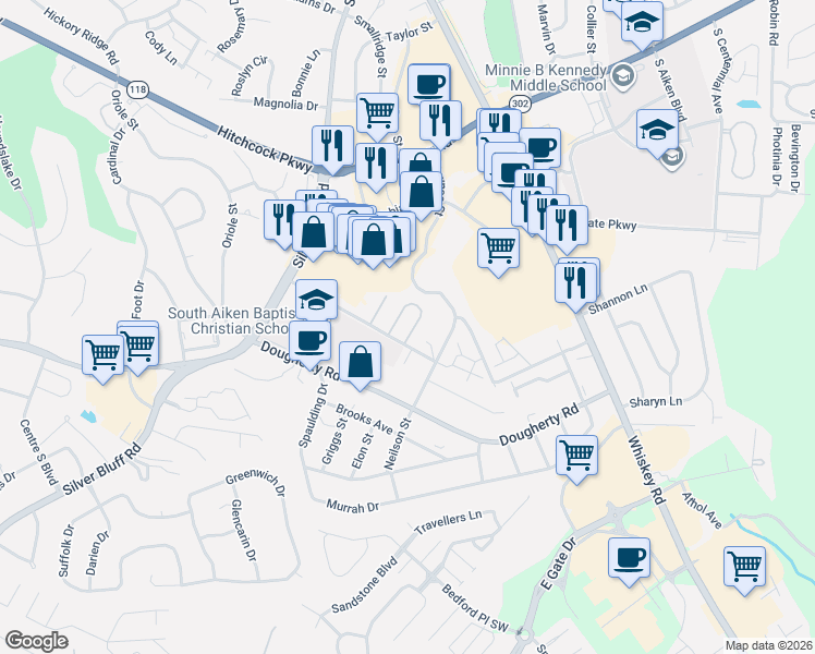 map of restaurants, bars, coffee shops, grocery stores, and more near 121 Champion Pine Lane Southwest in Aiken