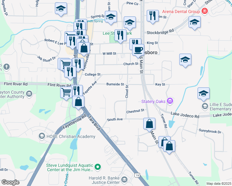 map of restaurants, bars, coffee shops, grocery stores, and more near 145 Burnside Street in Jonesboro