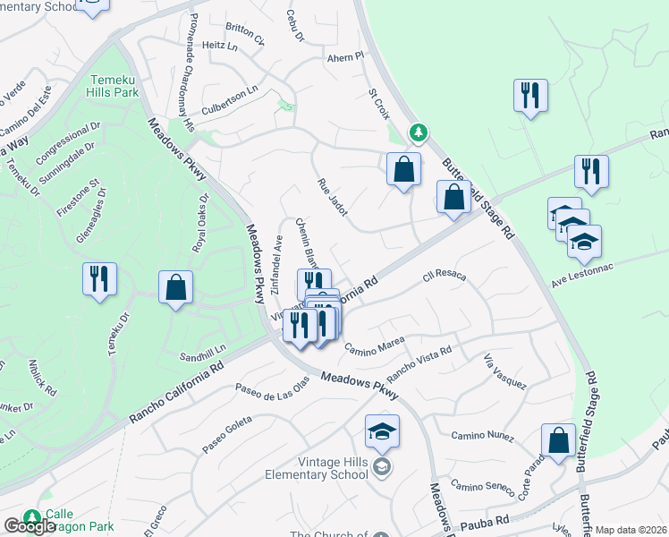 map of restaurants, bars, coffee shops, grocery stores, and more near 41701 Riesling Court in Temecula