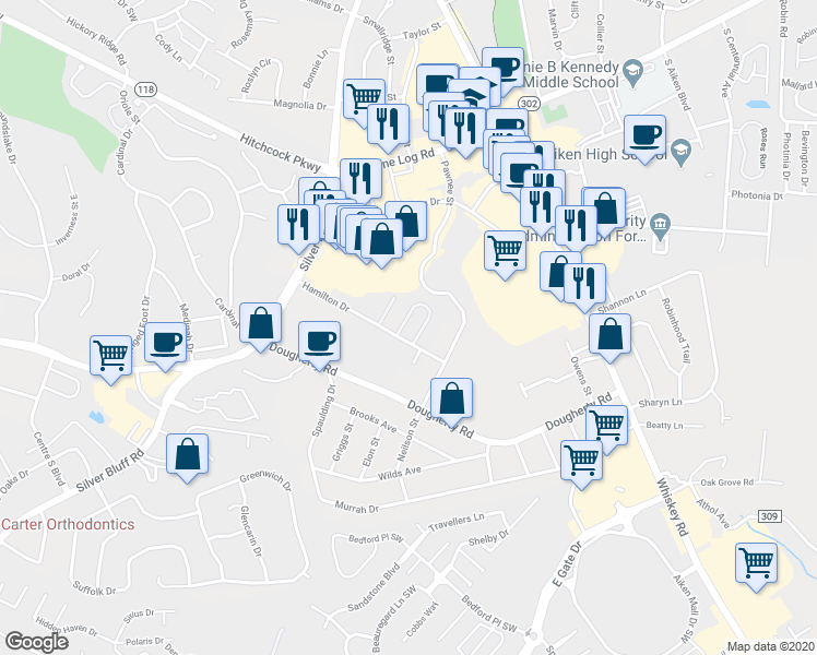 map of restaurants, bars, coffee shops, grocery stores, and more near 107 Champion Pine Lane Southwest in Aiken