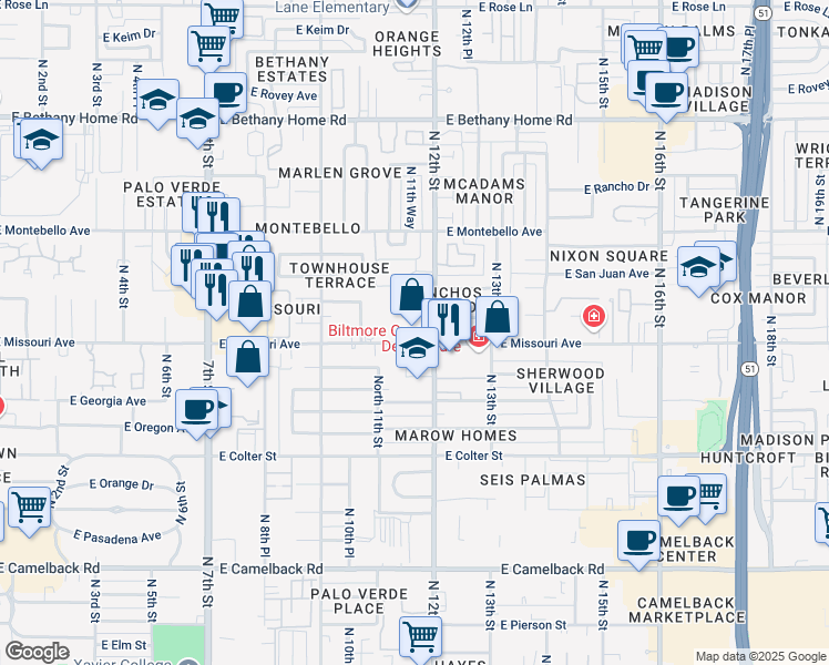map of restaurants, bars, coffee shops, grocery stores, and more near 1130 East Missouri Avenue in Phoenix