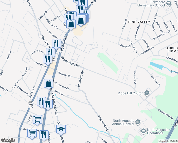 map of restaurants, bars, coffee shops, grocery stores, and more near 201-351 Bradleyville Rd in North Augusta