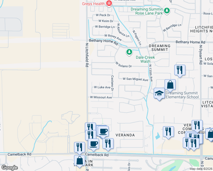 map of restaurants, bars, coffee shops, grocery stores, and more near 13710 West San Juan Avenue in Litchfield Park