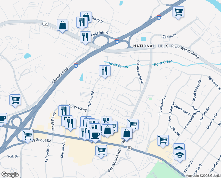 map of restaurants, bars, coffee shops, grocery stores, and more near Brechin Lane in Augusta