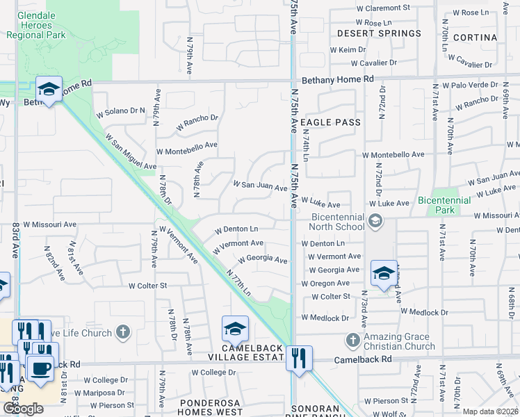 map of restaurants, bars, coffee shops, grocery stores, and more near 7536 West Luke Avenue in Glendale