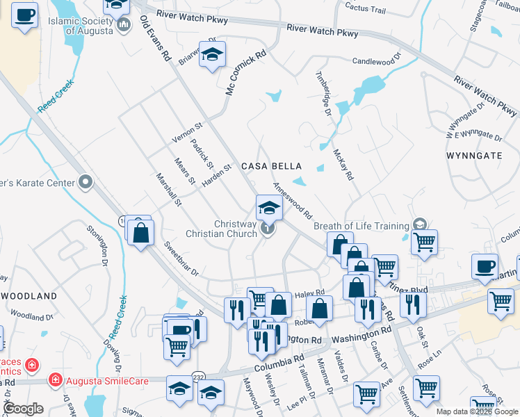 map of restaurants, bars, coffee shops, grocery stores, and more near 228 Old Evans Road in Augusta
