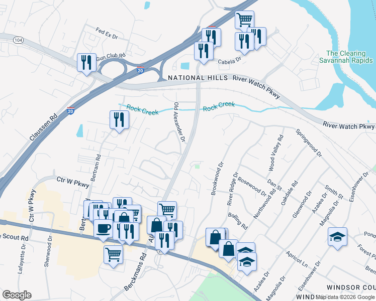 map of restaurants, bars, coffee shops, grocery stores, and more near 1036 Alexander Drive in Augusta