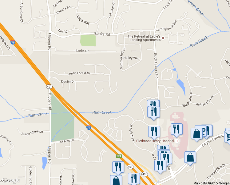 map of restaurants, bars, coffee shops, grocery stores, and more near 712 Brambling Way in Stockbridge