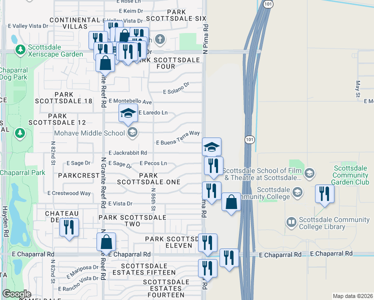 map of restaurants, bars, coffee shops, grocery stores, and more near 8732 East Arlington Road in Scottsdale