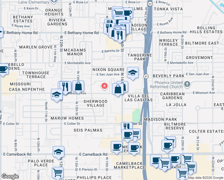 map of restaurants, bars, coffee shops, grocery stores, and more near 5550 North 16th Street in Phoenix