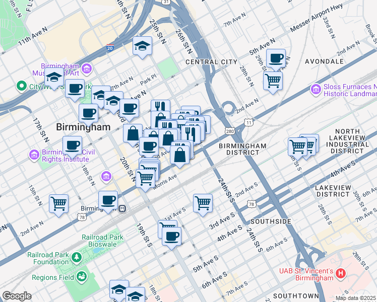 map of restaurants, bars, coffee shops, grocery stores, and more near in Birmingham