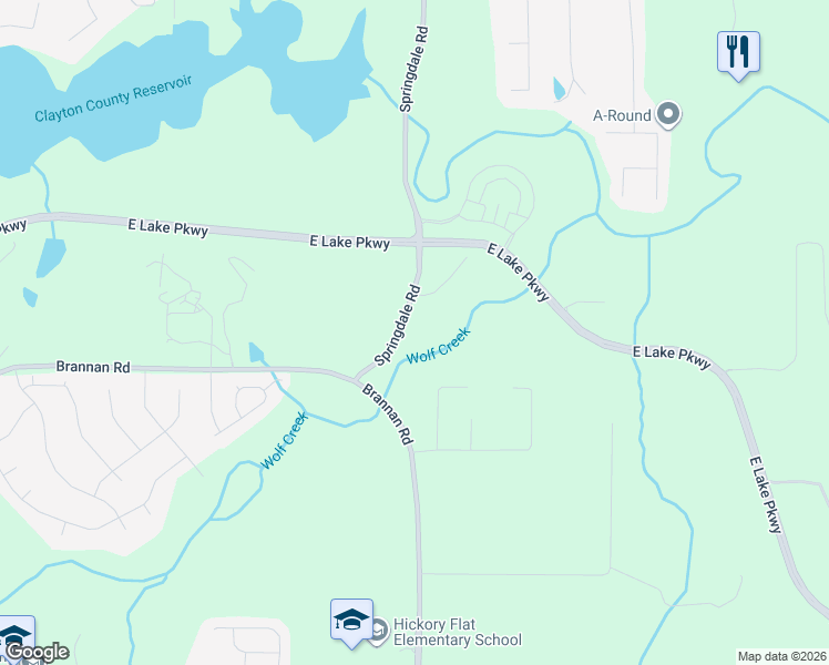 map of restaurants, bars, coffee shops, grocery stores, and more near 100 Springdale Road in Stockbridge