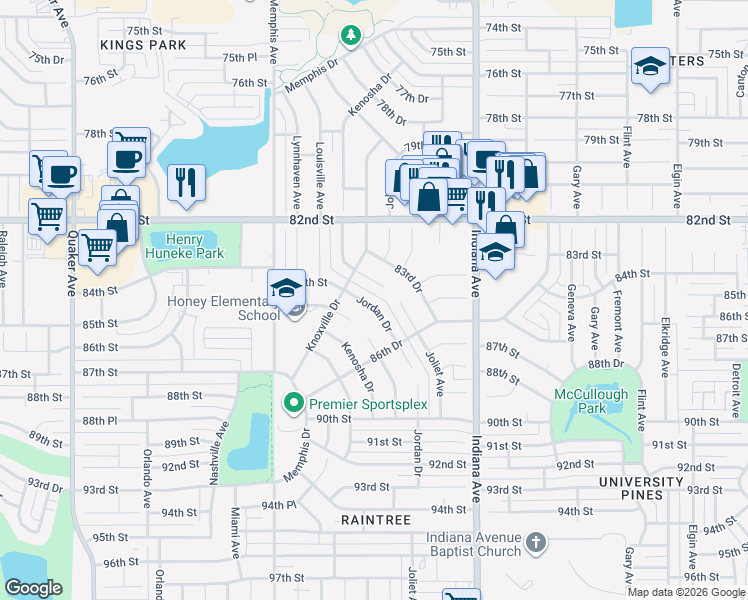 map of restaurants, bars, coffee shops, grocery stores, and more near 3507 84th Street in Lubbock