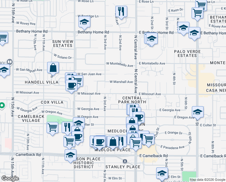 map of restaurants, bars, coffee shops, grocery stores, and more near 110 West Missouri Avenue in Phoenix