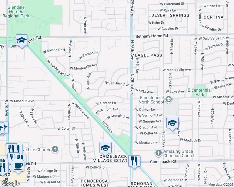 map of restaurants, bars, coffee shops, grocery stores, and more near 7536 West Luke Avenue in Glendale