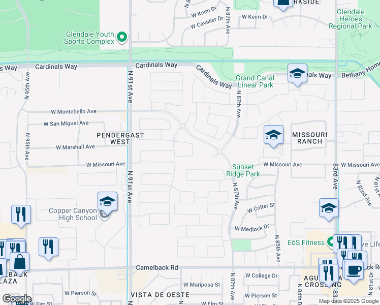 map of restaurants, bars, coffee shops, grocery stores, and more near 8771 West San Juan Avenue in Glendale