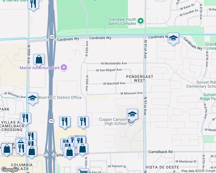 map of restaurants, bars, coffee shops, grocery stores, and more near 9302 North 93rd Avenue in Glendale