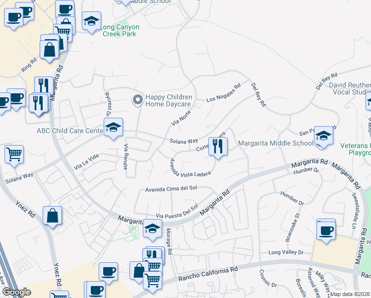 map of restaurants, bars, coffee shops, grocery stores, and more near 42073 Avenida Vista Ladera in Temecula