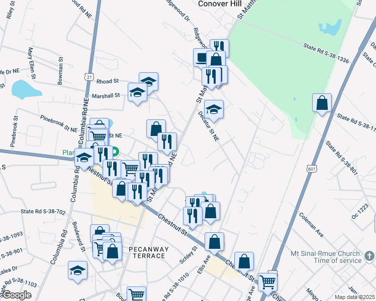 map of restaurants, bars, coffee shops, grocery stores, and more near 1734 Saint Matthews Road Northeast in Orangeburg