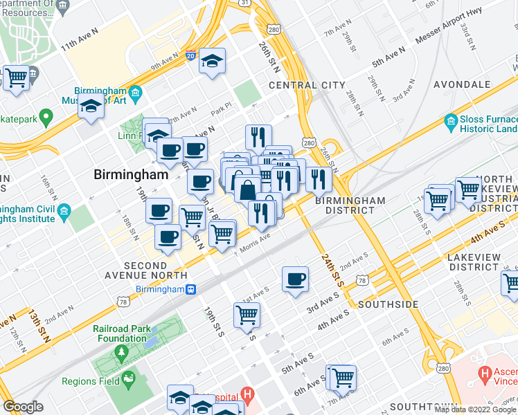 map of restaurants, bars, coffee shops, grocery stores, and more near in Birmingham