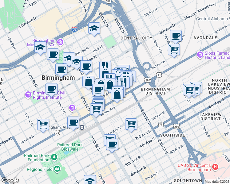 map of restaurants, bars, coffee shops, grocery stores, and more near in Birmingham