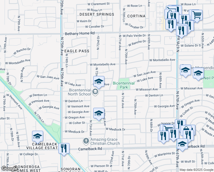 map of restaurants, bars, coffee shops, grocery stores, and more near 7206 West Luke Avenue in Glendale