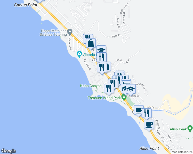 map of restaurants, bars, coffee shops, grocery stores, and more near 60 Blue Lagoon in Laguna Beach