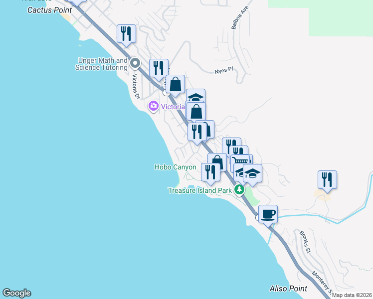 map of restaurants, bars, coffee shops, grocery stores, and more near 29 Lagunita Drive in Laguna Beach