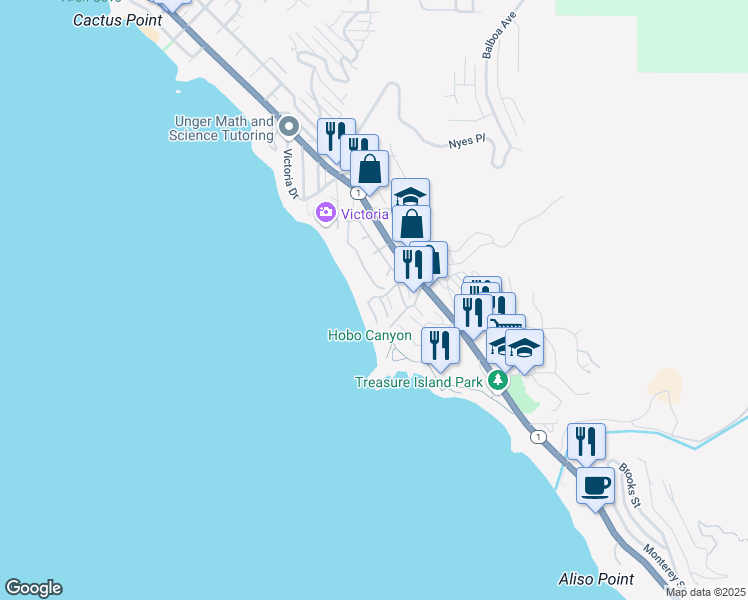 map of restaurants, bars, coffee shops, grocery stores, and more near 106 Blue Lagoon in Laguna Beach
