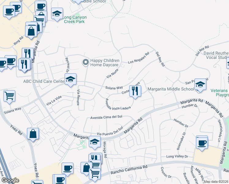 map of restaurants, bars, coffee shops, grocery stores, and more near 42073 Avenida Vista Ladera in Temecula