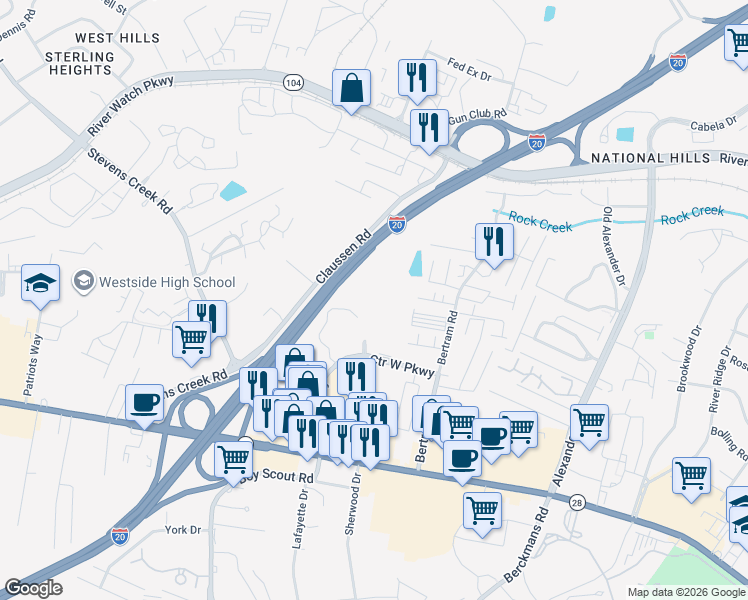 map of restaurants, bars, coffee shops, grocery stores, and more near 2525 Center West Parkway in Augusta