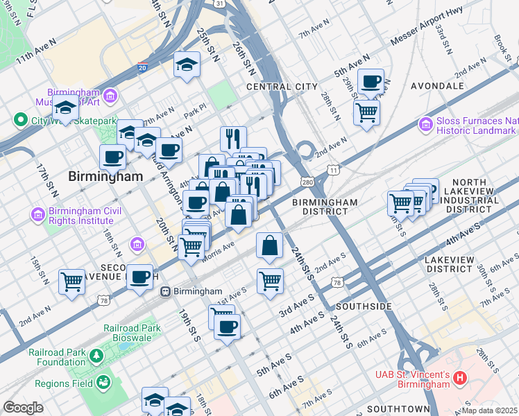 map of restaurants, bars, coffee shops, grocery stores, and more near 2318 1st Avenue North in Birmingham