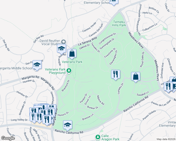 map of restaurants, bars, coffee shops, grocery stores, and more near 95 Poppy Circle in Temecula