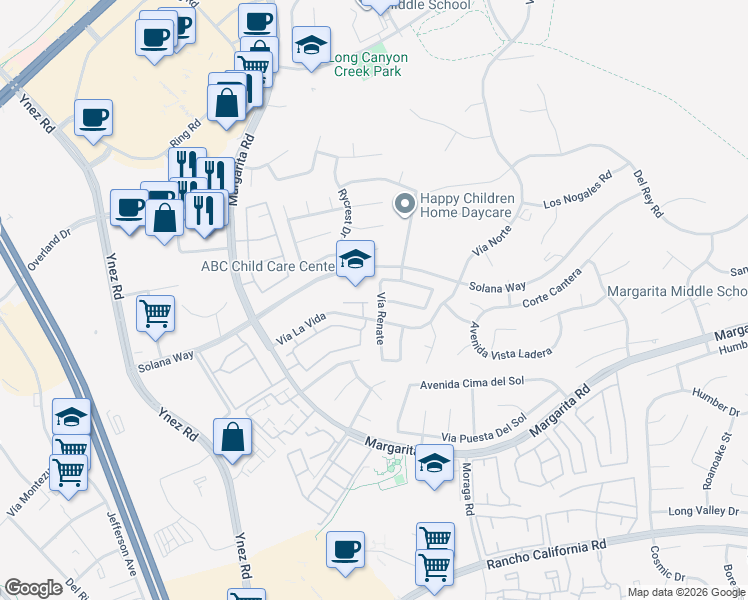 map of restaurants, bars, coffee shops, grocery stores, and more near 41985 Vía Renate in Temecula
