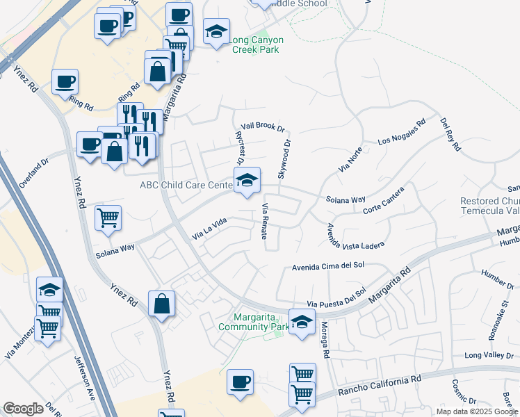 map of restaurants, bars, coffee shops, grocery stores, and more near 41985 Vía Renate in Temecula