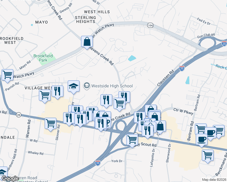 map of restaurants, bars, coffee shops, grocery stores, and more near 110 Point Place in Augusta