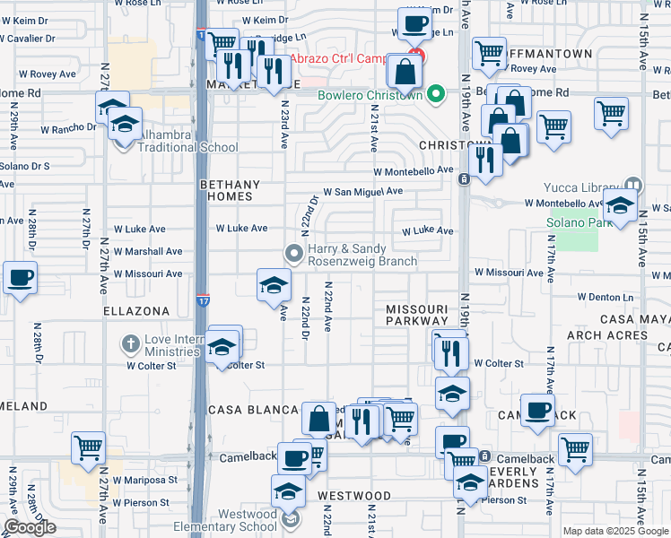 map of restaurants, bars, coffee shops, grocery stores, and more near 2131 West Marshall Avenue in Phoenix