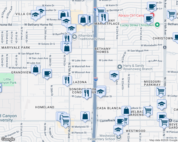 map of restaurants, bars, coffee shops, grocery stores, and more near 2507 West Marshall Avenue in Phoenix
