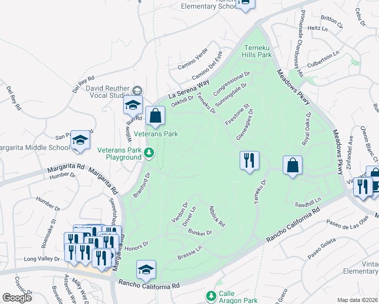 map of restaurants, bars, coffee shops, grocery stores, and more near 95 Poppy Circle in Temecula