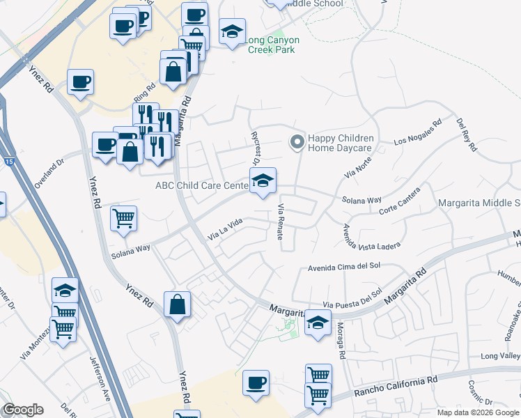 map of restaurants, bars, coffee shops, grocery stores, and more near 29705 Solana Way in Temecula
