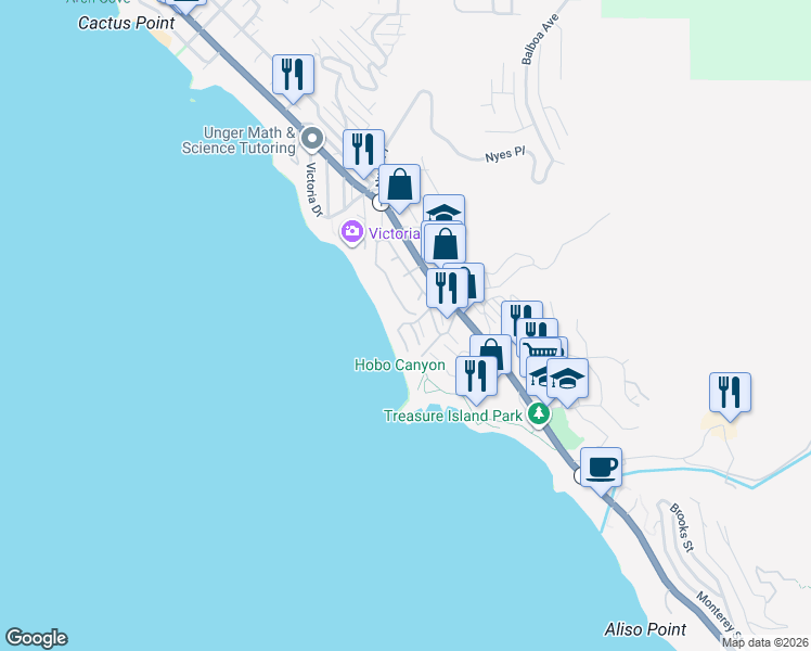 map of restaurants, bars, coffee shops, grocery stores, and more near 29 Lagunita Drive in Laguna Beach
