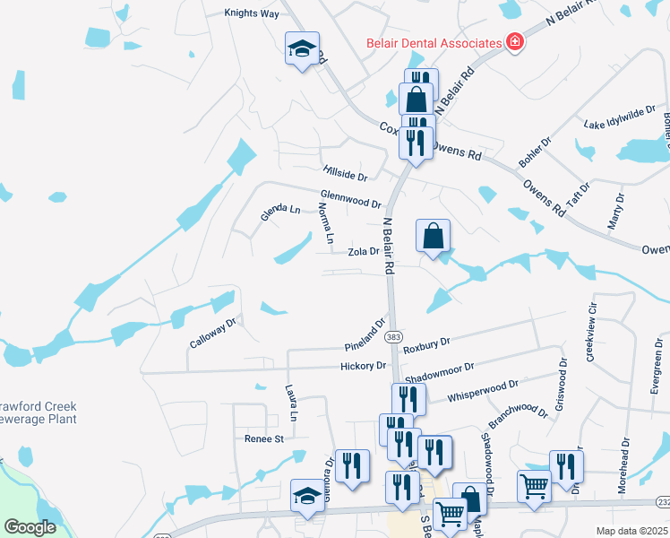 map of restaurants, bars, coffee shops, grocery stores, and more near 4518 Zola Drive in Evans